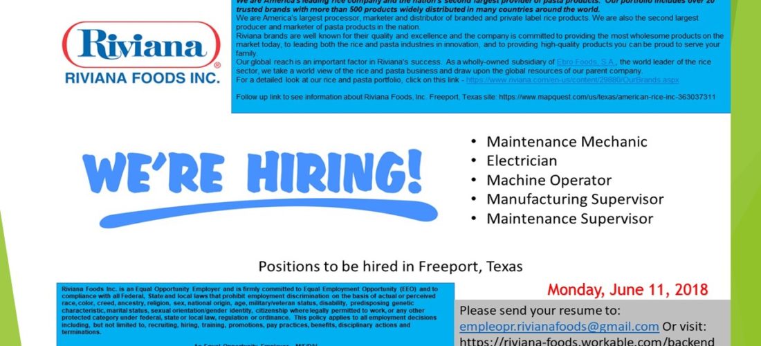 We’re Hiring: Riviana Foods, Inc. – Freeport, Texas