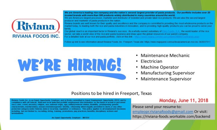 We're Hiring: Riviana Foods, Inc. - Freeport, Texas