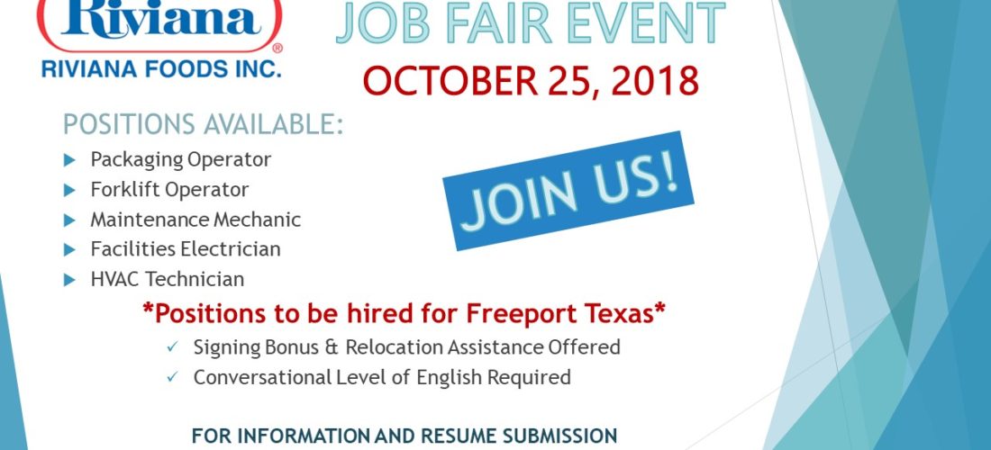 Riviana Foods, Inc. Job Fair Event – October 25, 2018