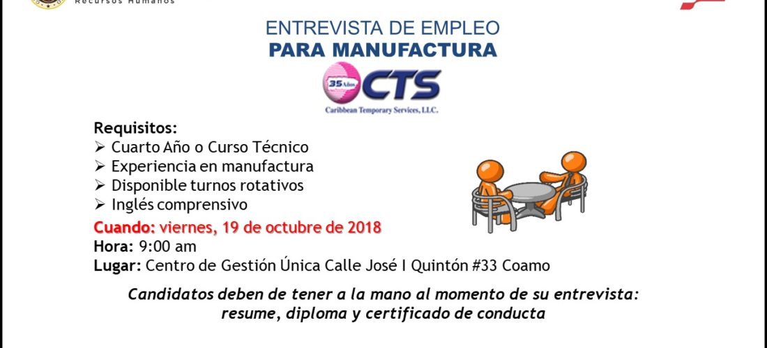 Entrevista de Empleo para Manufactura – 19 de octubre de 2018