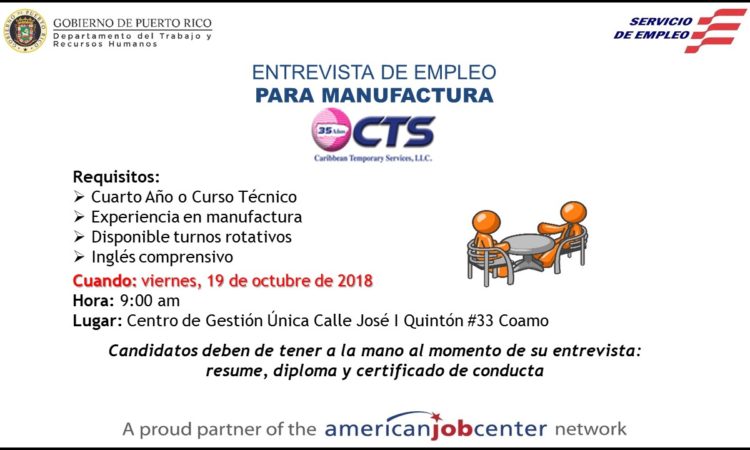 Entrevista de Empleo para Manufactura - 19 de octubre de 2018