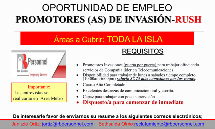 Oportunidad de Empleo, Promotores(as) de Invasión - RUSH