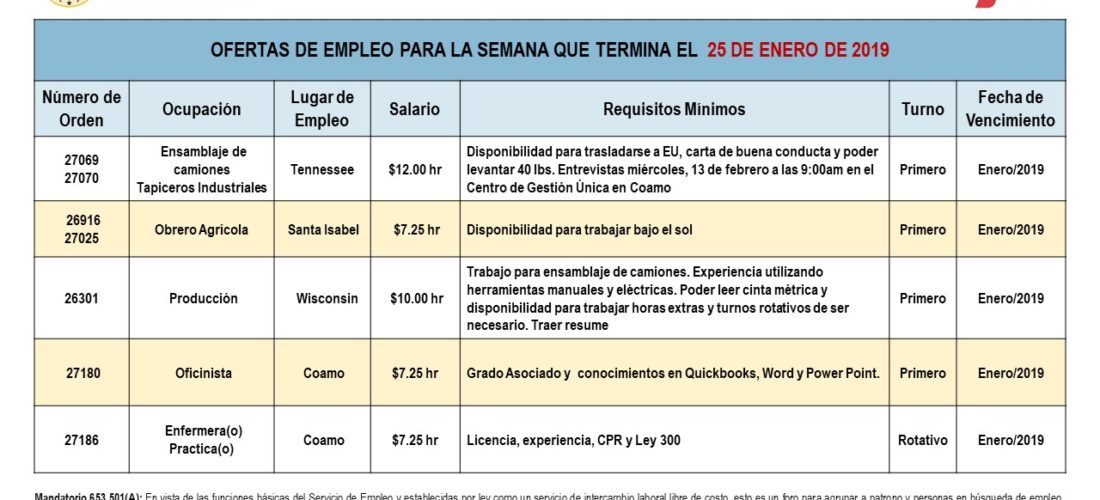 Empleos: Hasta el 25 de enero de 2019