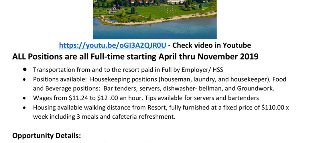 HSS Hospitality Staffing Solutions,  Hiring for Seasonal Jobs in an Exclusive Resort in beautiful Mackinac Island Michigan