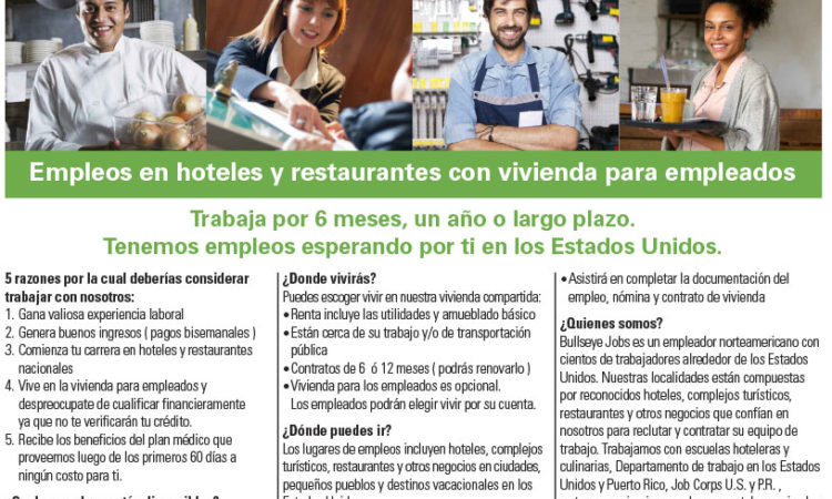 BullsEye Jobs - Empleos en hoteles y restaurantes con vivienda para empleados.