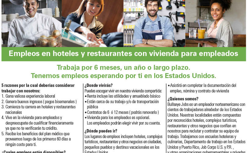 BullsEye Jobs – Empleos en hoteles y restaurantes con vivienda para empleados.