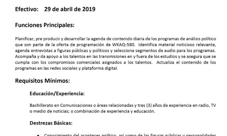 Univisión Puerto Rico: Coordinador(a) de Programas