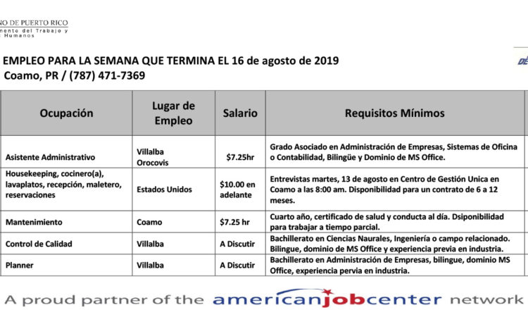 Empleos: Hasta el 16 de agosto de 2019