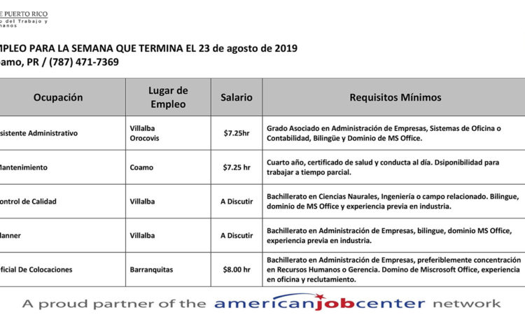 Empleos: Hasta el 23 de agosto de 2019