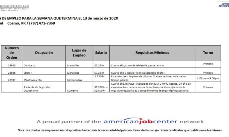 Empleos: Hasta 13 de marzo 2020