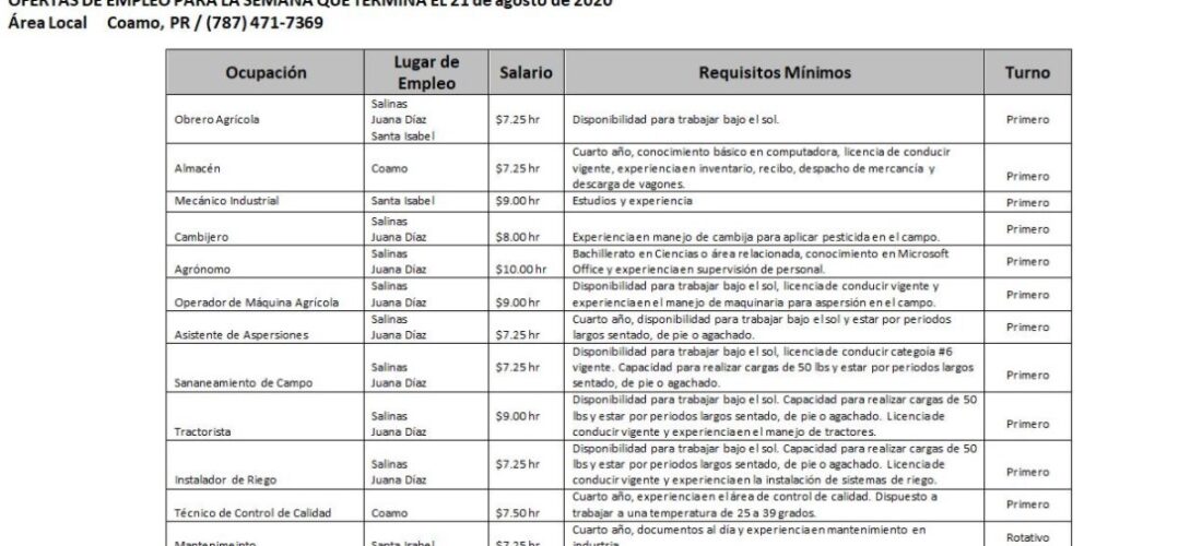 Empleos: Hasta 21 agosto 2020