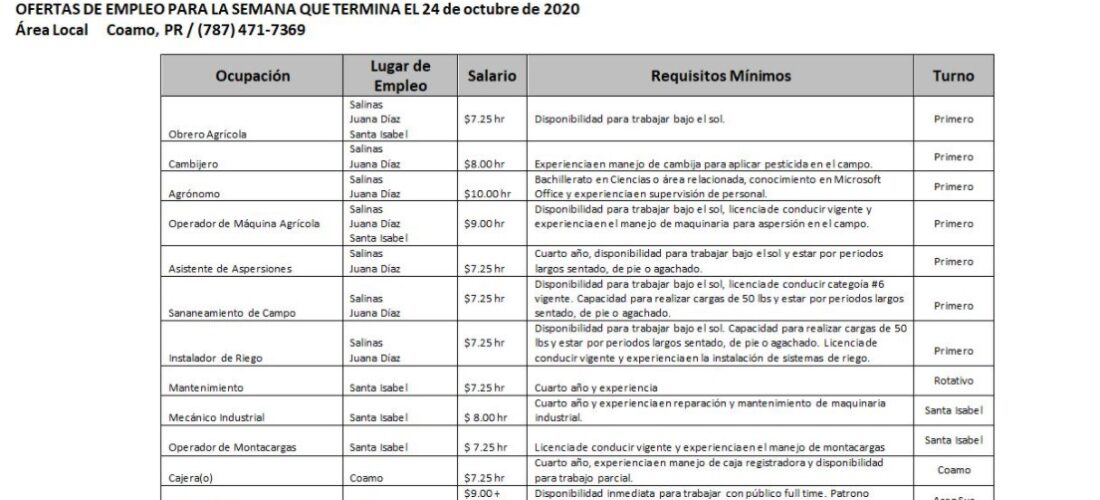 Empleos : Hasta 24 de octubre  2020