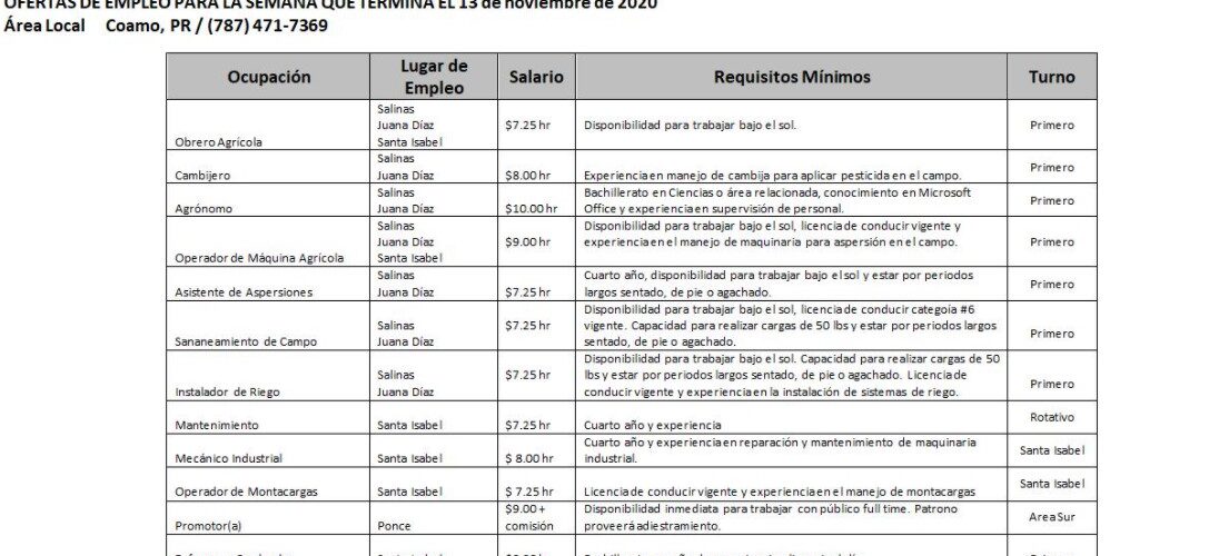 Empleos: Hasta 13 de Nov. 2020