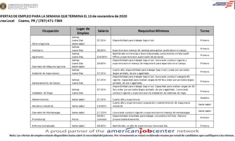 Empleos: Hasta 13 de Nov. 2020